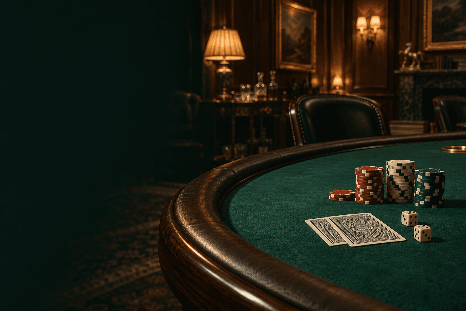 Green felt, ivory cards and chips in a warmly lit classic casino room
